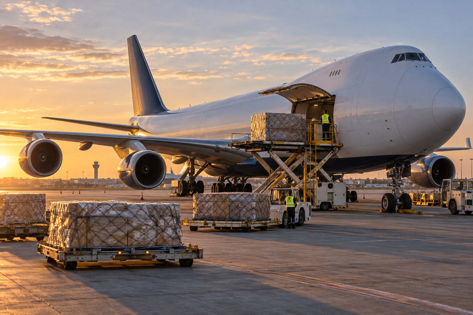 Illustratief beeld: Vrachtvliegtuig met pallets op een luchthaven