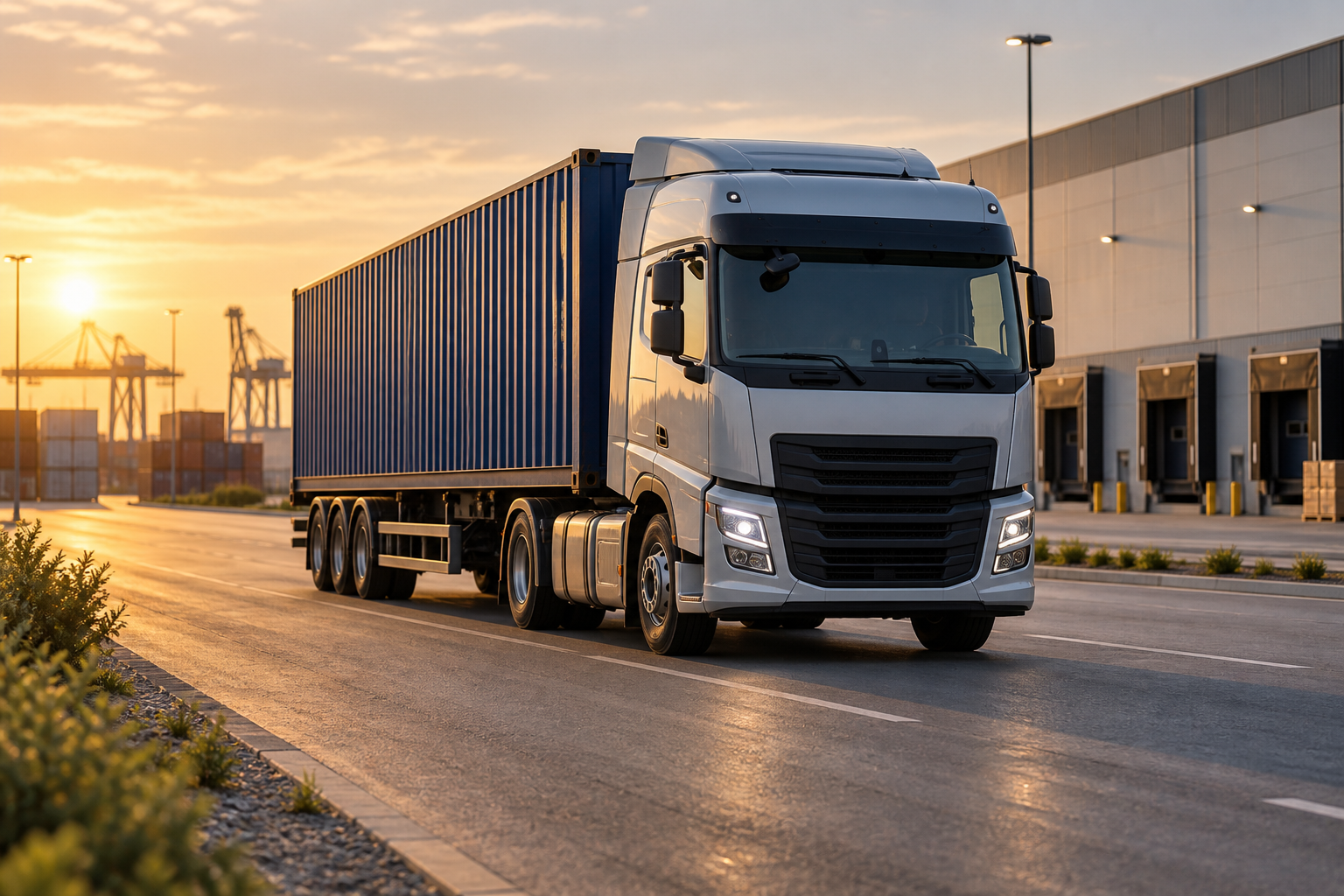 Illustratief beeld: Containervrachtwagen bij een warehouse