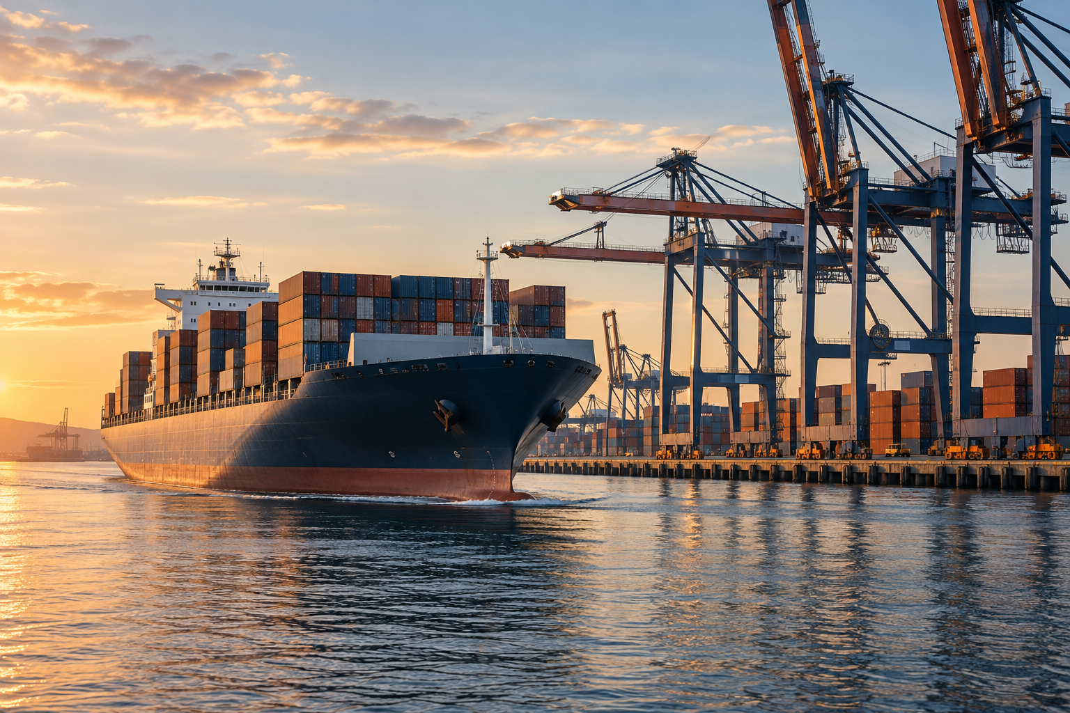 Illustratief beeld: Containerschip bij havenkranen