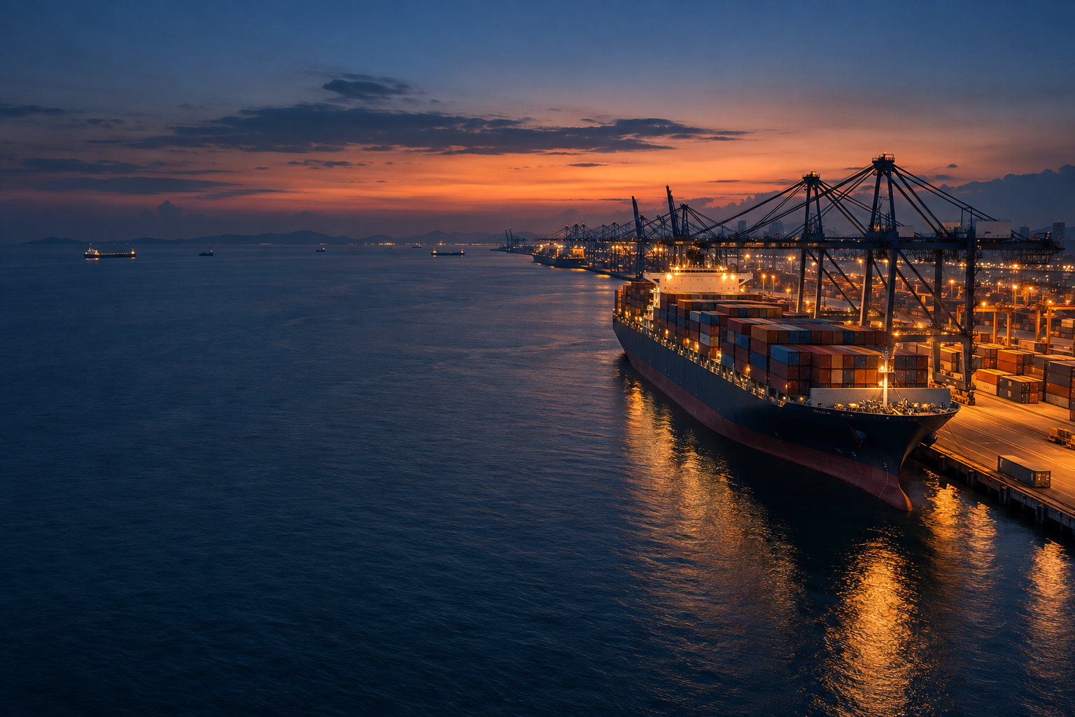 Illustratief havenbeeld met een containerschip en kranen bij zonsondergang